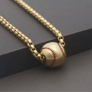 Stainless Steel Baseball Necklace for Men Women Gold 24”